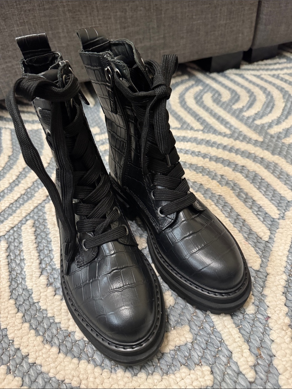 Kurt Geiger Black Croc Embossed Leather Combat Boots EU 36 - Picture 7 of 8